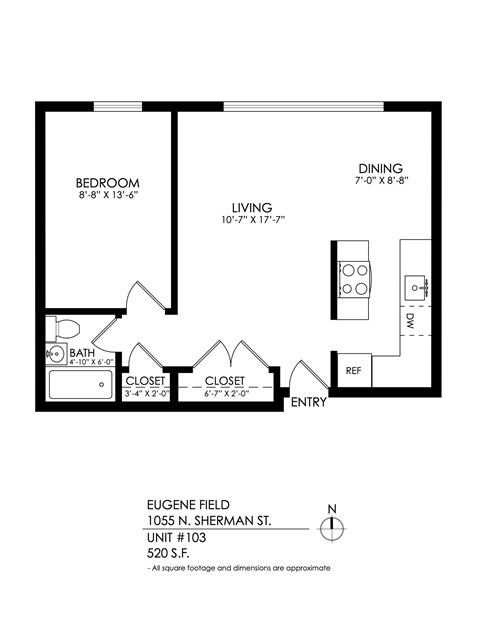 Floor plan for 1 bed, 1 bath, 535 sqft